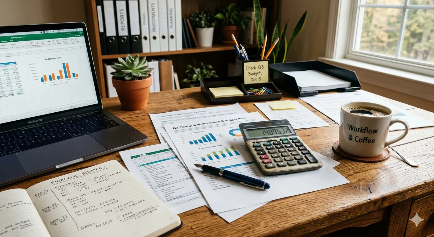 Офисный стол с документами и калькулятором — планирование индексации зарплаты в бизнесе Офисный стол с документами и калькулятором — планирование индексации зарплаты в бизнесе