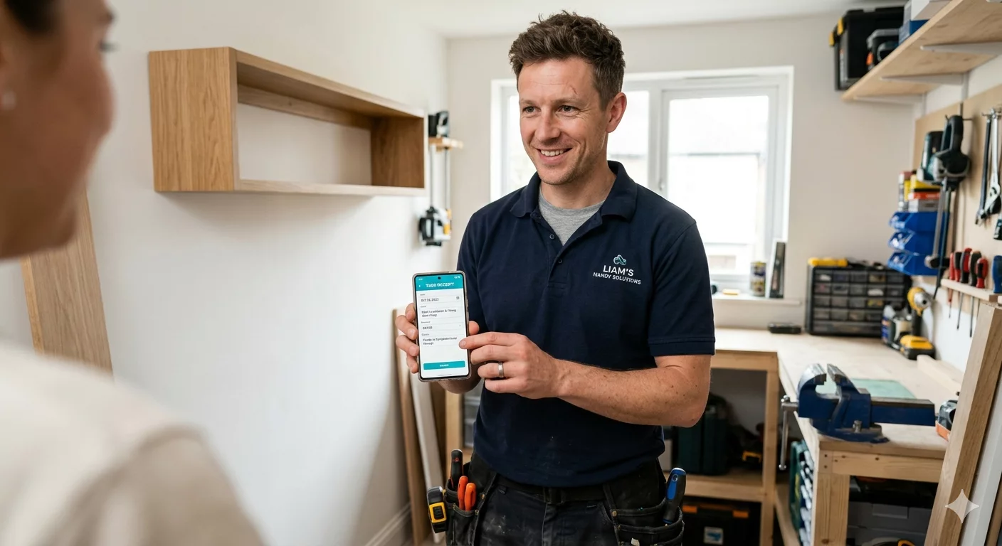 Сотрудник европеоидной внешности, держащий планшет или смартфон с открытым приложением для выставления чеков, изображающий исполнителя-самозанятого, готового выполнить разовую задачу. Сотрудник европеоидной внешности, держащий планшет или смартфон с открытым приложением для выставления чеков, изображающий исполнителя-самозанятого, готового выполнить разовую задачу.