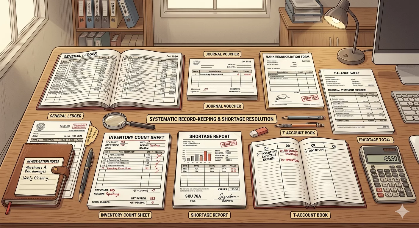 Иллюстрация с изображением бухгалтерских документов, форм и отчетов, аккуратно разложенных на столе, символизирующая процесс оформления недостачи и ведения учета