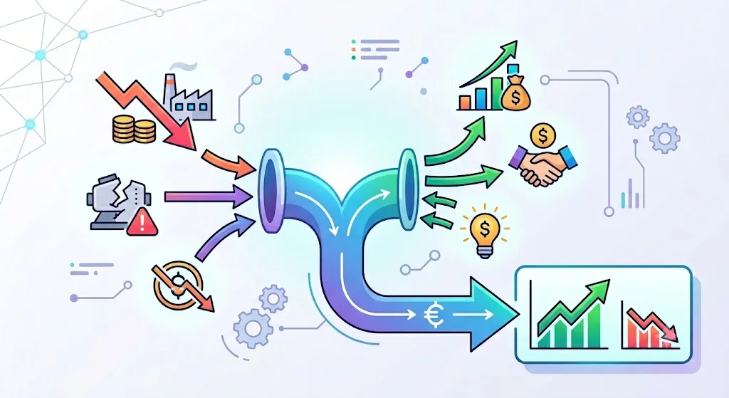 Абстрактная инфографика с диаграммами, счетами и бухгалтерскими проводками, визуально демонстрирующая движение прочих доходов и расходов на счете 91 и их влияние на финансовый результат предприятия