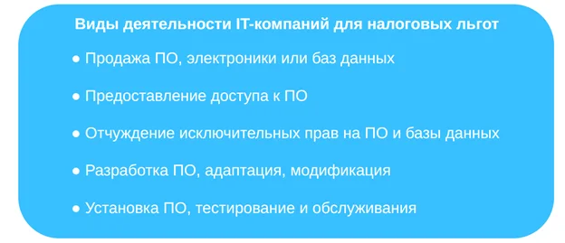 Перечень видов деятельности IT-компаний, дающих право на налоговые льготы: разработка ПО, баз данных, консультации и другие направления