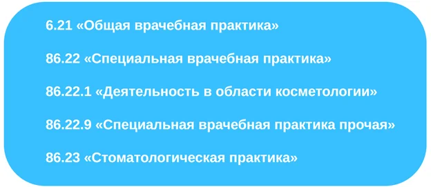 Таблица кодов ОКВЭД для медицинской деятельности: 82.1, 82.2, 82.9