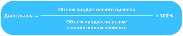 Формула расчёта доли рынка: отношение продаж компании к объёму рынка, умноженное на 100% Формула расчёта доли рынка: отношение продаж компании к объёму рынка, умноженное на 100%