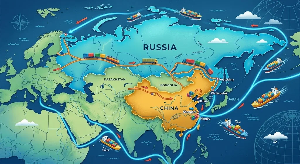 Иллюстрация с картой мира, на которой выделены торговые пути между Китаем и Россией, с иконками контейнеров и грузовых судов, символизирующая международную торговлю и логистику.