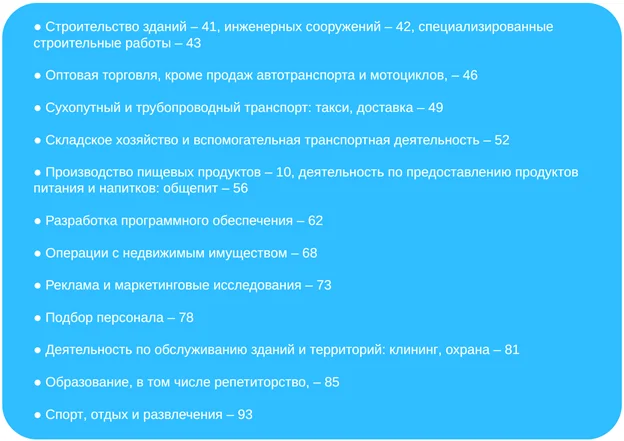 Коды ОКВЭД, на которые распространяется ограничение 60 часов в месяц при работе с самозанятыми через цифровые платформы с октября 2026 года Коды ОКВЭД, на которые распространяется ограничение 60 часов в месяц при работе с самозанятыми через цифровые платформы с октября 2026 года