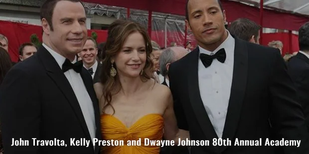 john travolta, kelly preston and dwayne johnson 80th annual academy john travolta, kelly preston and dwayne johnson 80th annual academy
